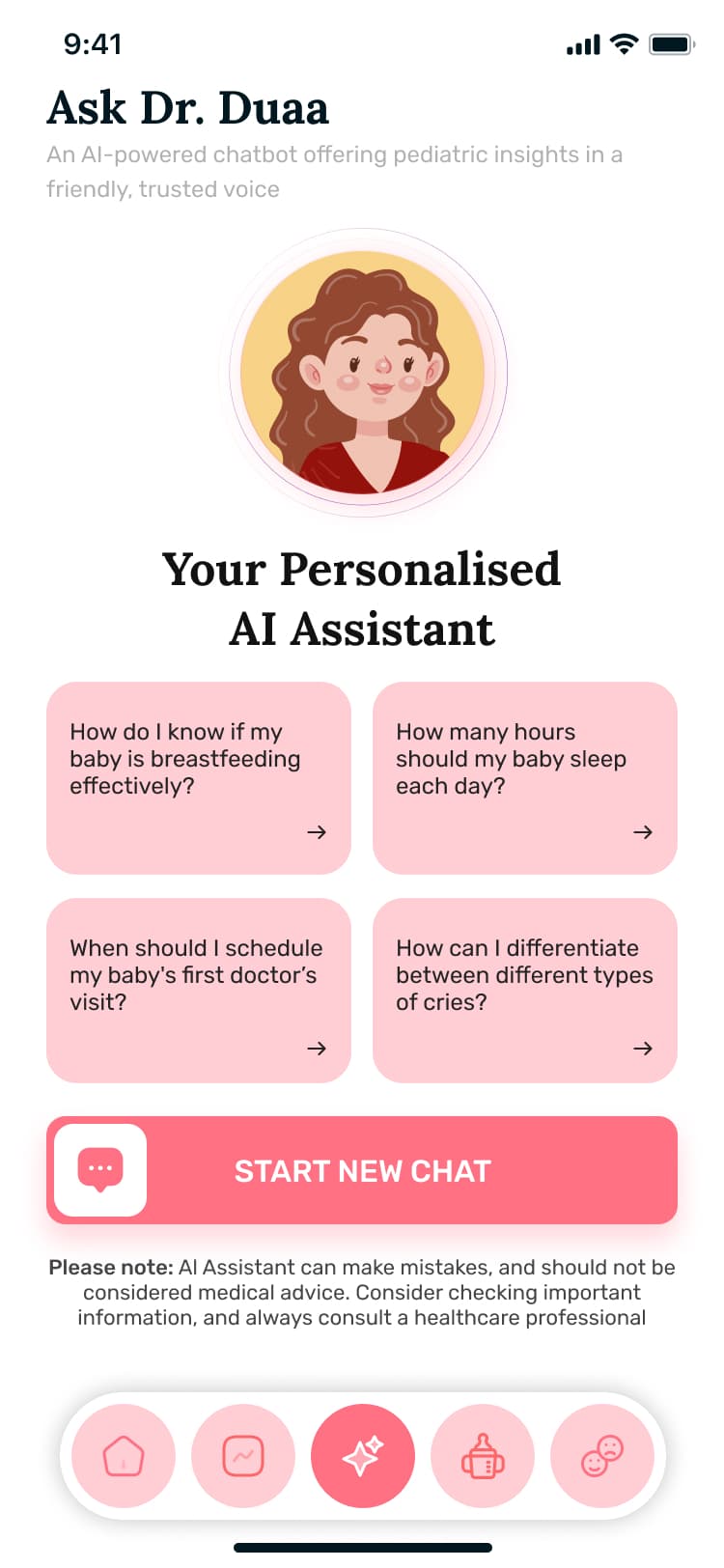 Ask Dr. Duaa screen with suggested questions and a start chat button