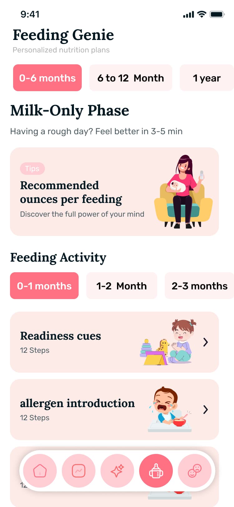 Feeding Genie screen showing feeding phases and lessons