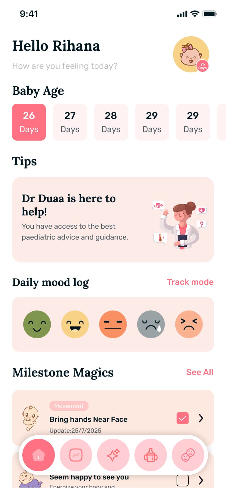 Mamawise home screen showing baby age, daily tips and a mood log