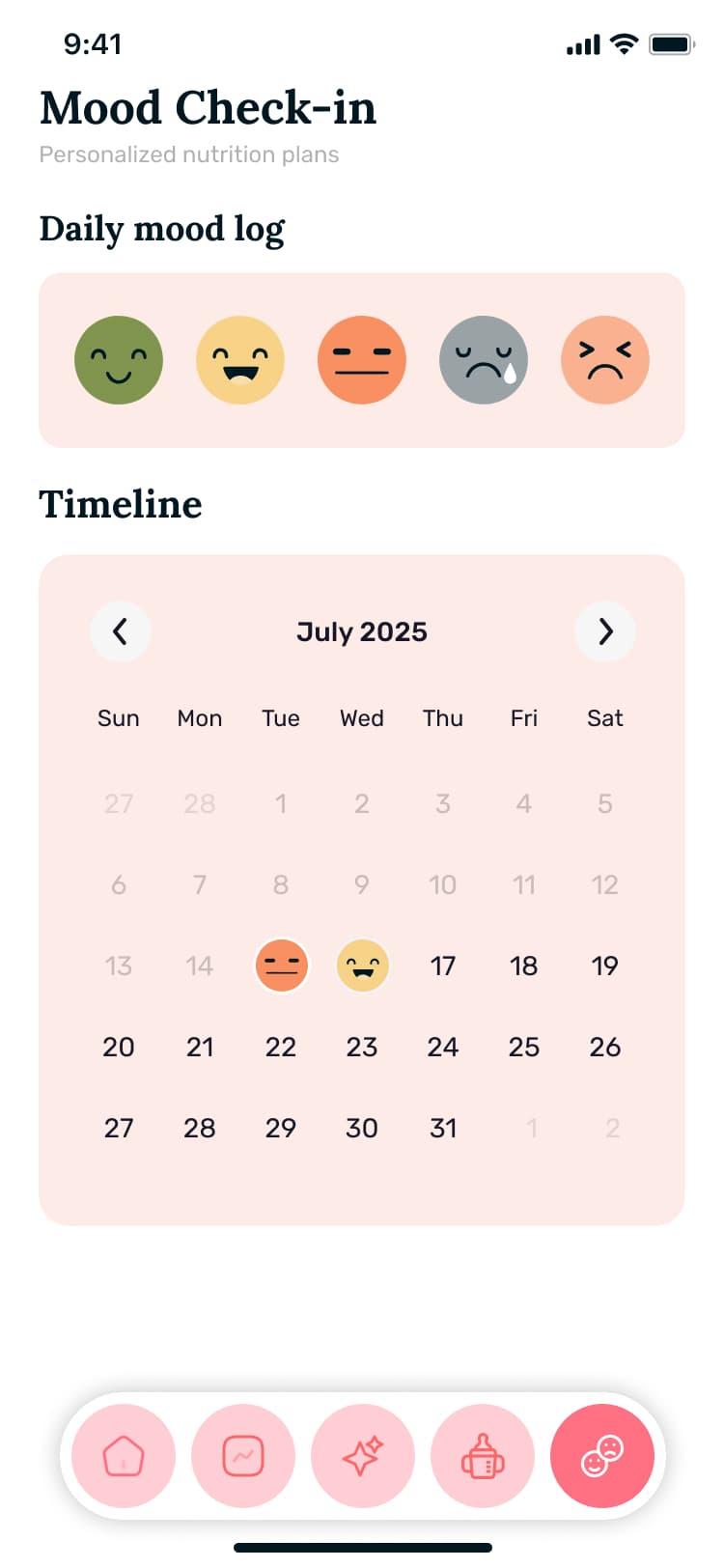 Mood check-in screen with a daily log and monthly timeline